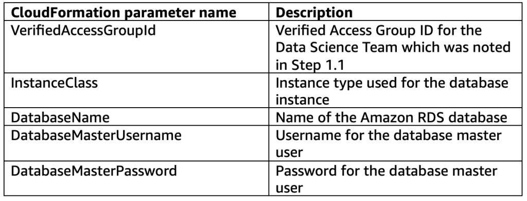 CloudFormation parameter reference table listing five database configuration parameters: VerifiedAccessGroupId for Data Science Team access control, InstanceClass for database instance type, DatabaseName, DatabaseMasterUsername, and DatabaseMasterPassword for RDS setup. 